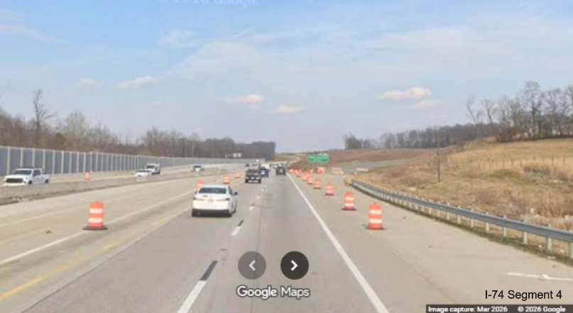 Image of traffic on I-40 East at the Beltway exit ramp blocked off from traffic
as part of the Winston-Salem Northern Beltway interchange project, screen grab from Google Maps Street
View, March 2026