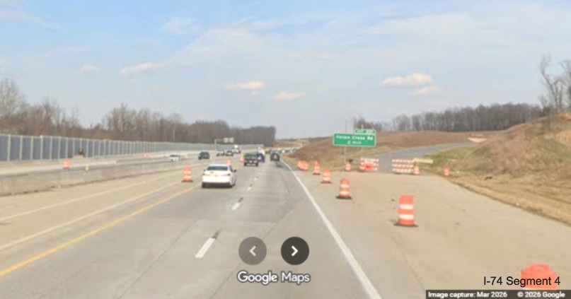 Image of old 2 Miles advance sign at the future Beltway exit ramp gore sign
as part of the Winston-Salem Northern Beltway interchange project, screen grab from Google Maps Street
View, March 2026