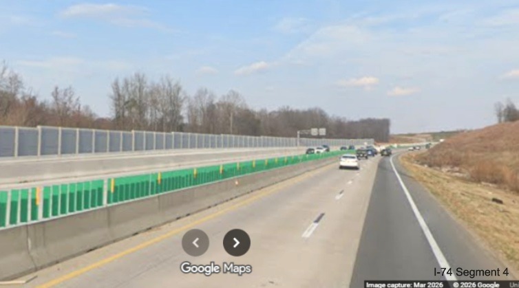 Image of I-40 West traffic still using I-40 East lanes beyond the future Beltway
exit ramp as part of the Winston-Salem Northern Beltway interchange project, screen grab from Google Maps Street View,
March 2026