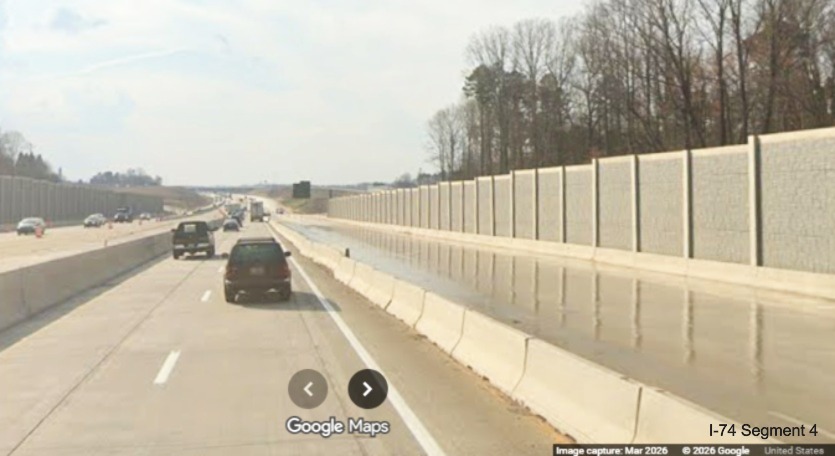 Image of I-40 West traffic still using I-40 East lanes nearly complete to the right
as part of the Winston-Salem Northern Beltway interchange project, screen grab from Google Maps Street View, March 2026