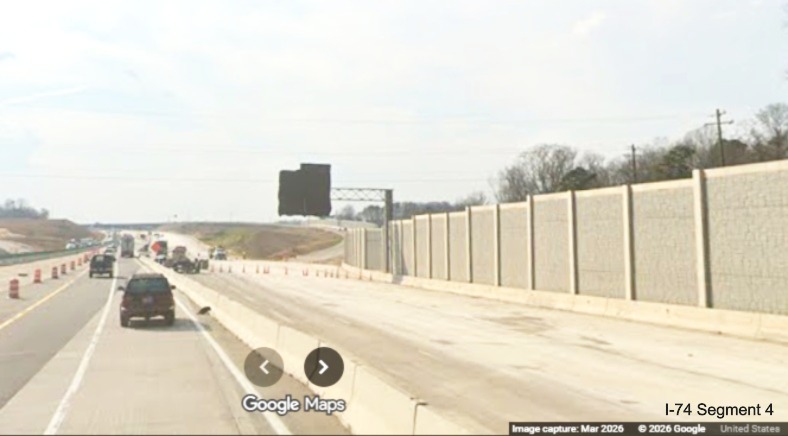 Image of I-40 West traffic still using I-40 East lanes passing the future I-74
exit ramp in the Winston-Salem Northern Beltway interchange project work zone, screen grab from Google Maps Street View,
March 2026