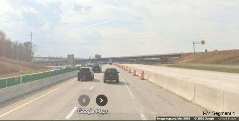 Image of I-40 West traffic still using I-40 East lanes approaching the I-74 Beltway
flyover ramps in the Winston-Salem Northern Beltway interchange work zone, screen grab from Google Maps Street View, March
2026