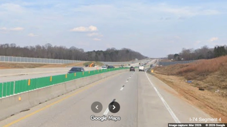 Image of I-40 West traffic still using I-40 East lanes with work continuing in the
work zone as part of the Winston-Salem Northern Beltway interchange project, screen grab from Google Maps Street View,
March 2026