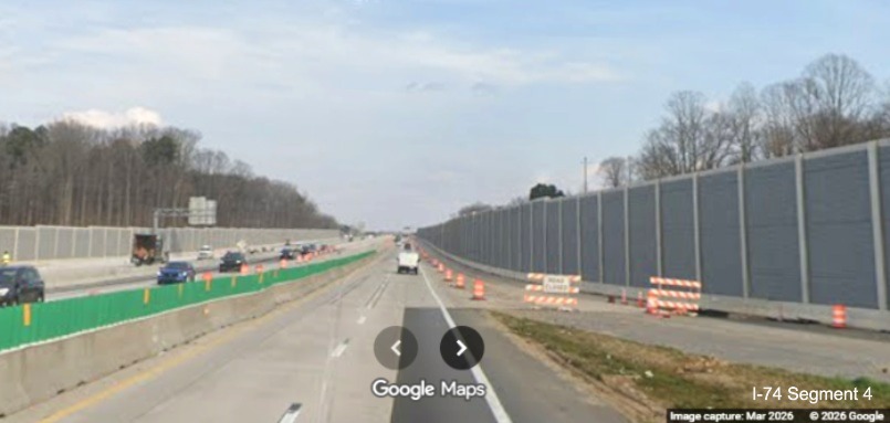 Image of of I-40 East traffic approaching the future on-ramp from using I-40 East lanes in the
work zone as part of the Winston-Salem Northern Beltway interchange project, screen grab from Google Maps Street View,
March 2026