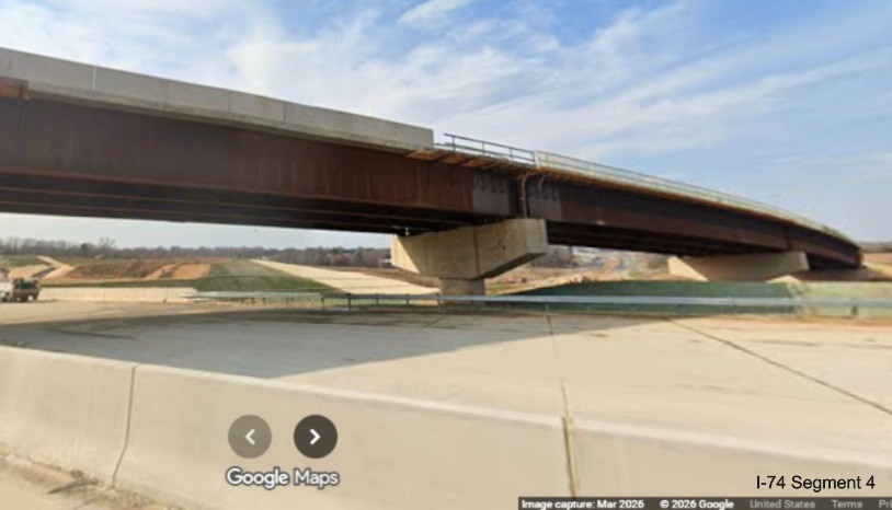 Image looking across future I-40 West lanes at flyover ramp bridge from I-40 East
to the I-74 West Beltway in the Winston-Salem Northern Beltway interchange work zone, screen grab from Google Maps Street View,
March 2026