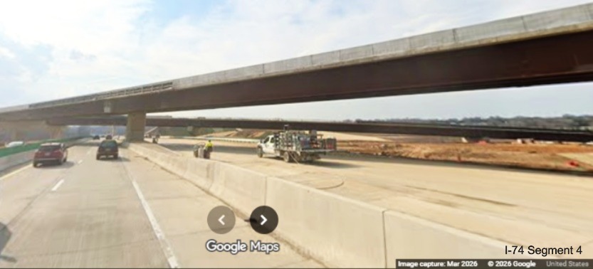 Image looking across future I-40 West lanes at flyover ramp bridge from I-40 East
to the I-74 West Beltway in the Winston-Salem Northern Beltway interchange work zone, screen grab from Google Maps Street View,
March 2026
