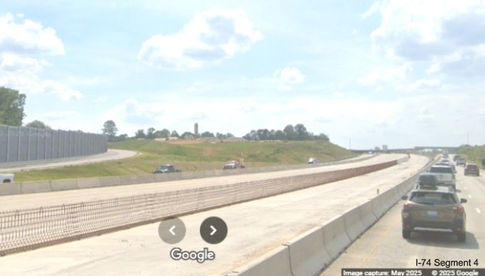 Image of looking across I-40 East lanes at future on-ramp from Winston-Salem 
	  Northern Beltway, Google Maps Street View, May 2025