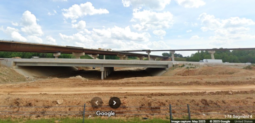 Image of the future I-40 bridge over the I-74/Winston-Salem Northern 
	  Beltway lanes from current I-40 West, Google Maps Street View, May 2025