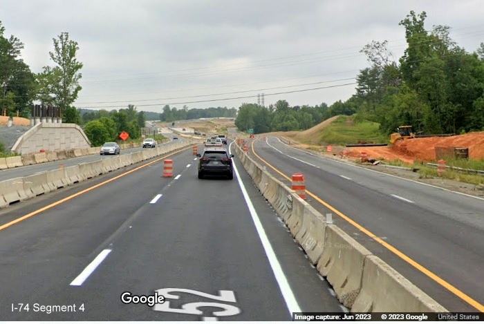 Image of new US 52 North roadway passed the demolished Ziglar Road bridge approaching the 
        future I-74/Winston-Salem Northern Beltway interchange, Google Maps Street View, June 2023