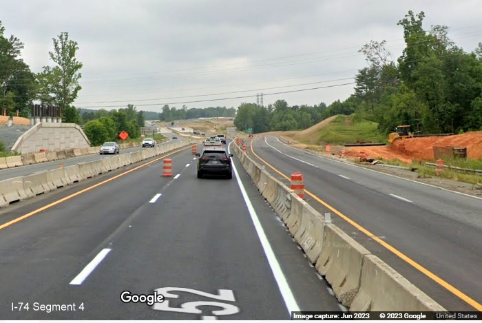 Image of new US 52 North roadway passed the demolished Ziglar Road bridge approaching the 
        future I-74/Winston-Salem Northern Beltway interchange, Google Maps Street View, June 2023