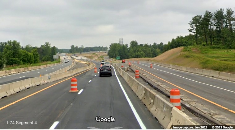 Image of new US 52 North roadway approaching the 
        future I-74 East/Winston-Salem Northern Beltway interchange ramp, Google Maps Street View, June 2023