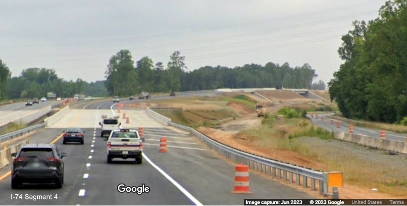 Image of new US 52 North roadway after future I-74 East exit ramp as part of the 
        future Winston-Salem Northern Beltway interchange, Google Maps Street View, June 2023