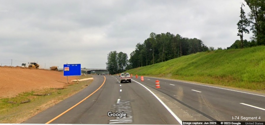 Image of US 52 North roadway paralleling future I-74 West lanes still under construction as part of the 
        future Winston-Salem Northern Beltway interchange construction project, Google Maps Street View, June 2023
