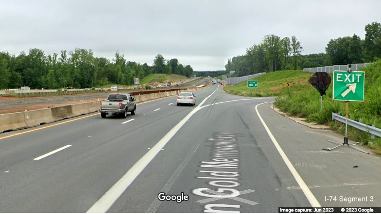 Image of traffic using ramp to NC 65 on US 52 North under construction as part of 
       Winston-Salem Northern Beltway interchange project, Google Maps Street View, June 2023