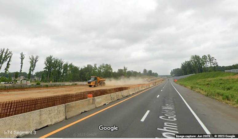 Image of US 52 North lanes under construction after NC 65 interchange as part of 
       Winston-Salem Northern Beltway interchange project, Google Maps Street View, June 2023