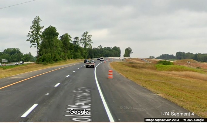 Image of new US 52 North roadway prior to new bridge over future Beltway roadway as part of the 
        future Winston-Salem Northern Beltway interchange, Google Maps Street View, June 2023