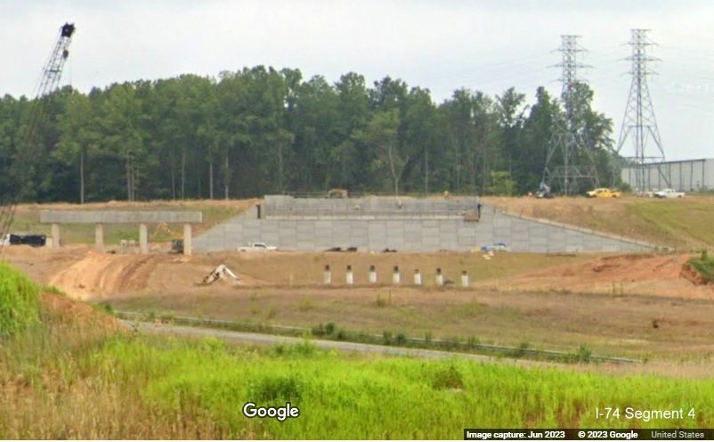 Image of new US 52 North roadway after future I-74 East exit ramp as part of the 
        future Winston-Salem Northern Beltway interchange, Google Maps Street View, June 2023
