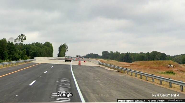 Image of new US 52 North lanes crossing bridge over future Beltway as part of  
        future Winston-Salem Northern Beltway interchange project, Google Maps Street View, June 2023