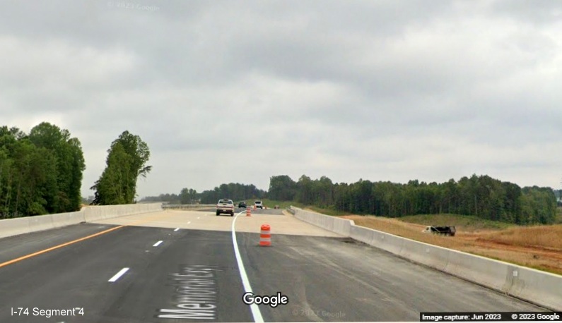 Image of view along new US 52 North lanes approaching second new bridge over Beltway, being
        built as part of the future Winston-Salem Northern Beltway interchange project, Google Maps Street View, June 2023