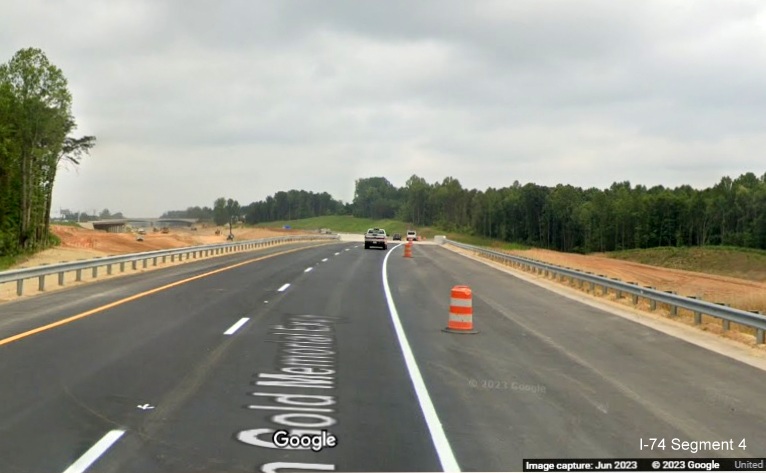 Image of new US 52 North roadway prior to bridge over future I-74 East, built as part of the 
        future Winston-Salem Northern Beltway interchange, Google Maps Street View, June 2023