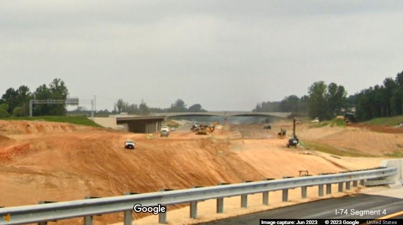 Image from new US 52 North roadway of future I-74 lanes being built as part of the 
        future Winston-Salem Northern Beltway interchange, Google Maps Street View, June 2023