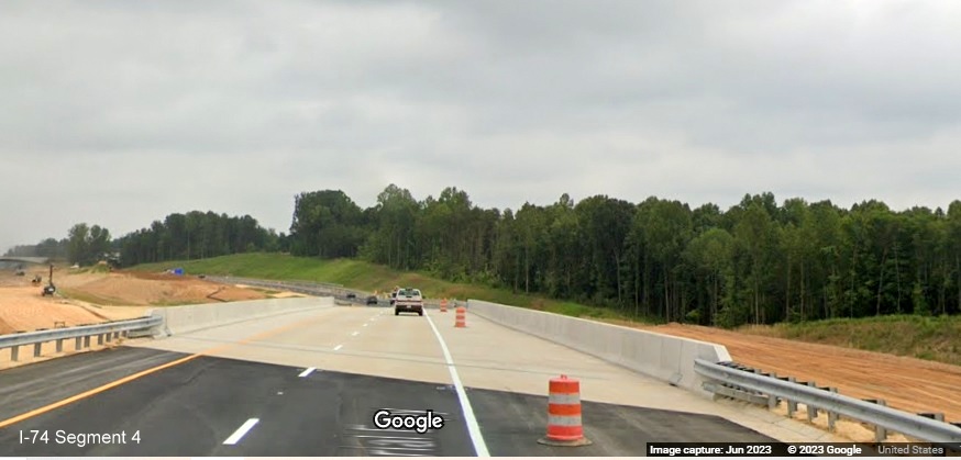 Image from new US 52 North roadway of future I-74 East lanes being built as part of the 
        future Winston-Salem Northern Beltway interchange, Google Maps Street View, June 2023