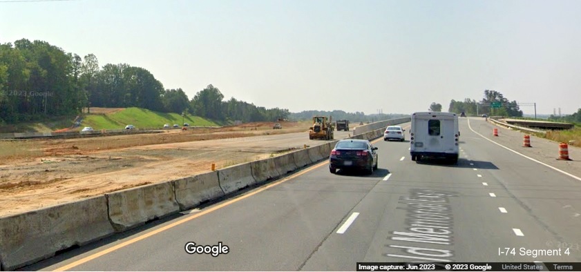 Image of future I-74 East lanes traveling towards Beltway along US 52 South in Rural Hall, 
        Google Maps Street View, June 2023
