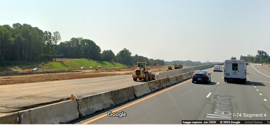 Image of future I-74 East lanes traveling towards Beltway splitting from US 52 South lanes in Rural Hall, 
        Google Maps Street View, June 2023