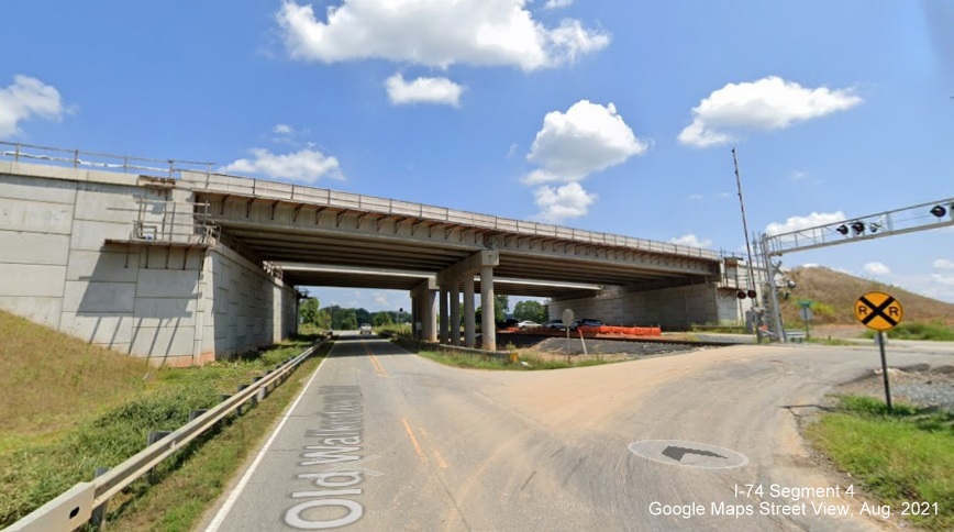 Closer look at nearly completed bridge over Old Walkertown Road by future NC 74/Winston-Salem Northern 
        Beltway (I-74), Google Maps Street View image, August 2021