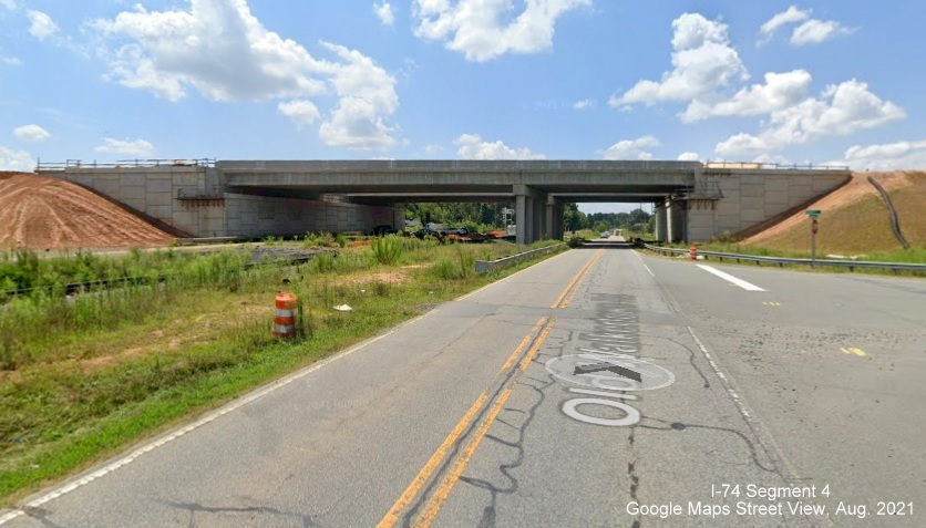 View looking south of nearly completed bridge over Old Walkertown Road by future NC 74/Winston-Salem Northern 
        Beltway (I-74), Google Maps Street View image, August 2021