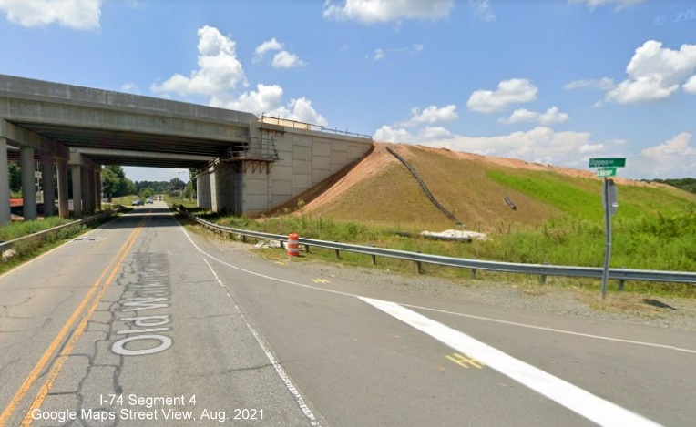 Closer look at the Old Walkertown Road/Railroad bridge for future NC 74/Winston-Salem Northern 
        Beltway (I-74) looking south, Google Maps Street View image, August 2021