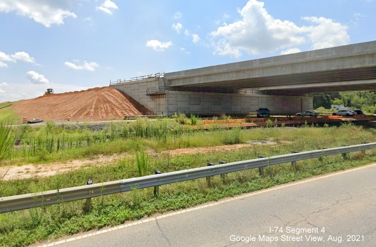 View east of nearly completed bridge over Old Walkertown Road by future NC 74/Winston-Salem Northern 
        Beltway (I-74), Google Maps Street View image, August 2021