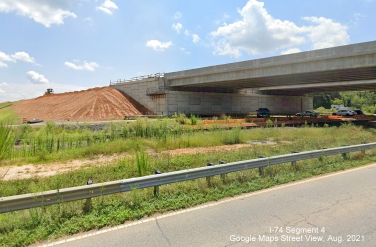 View east of nearly completed bridge over Old Walkertown Road by future NC 74/Winston-Salem Northern 
        Beltway (I-74), Google Maps Street View image, August 2021