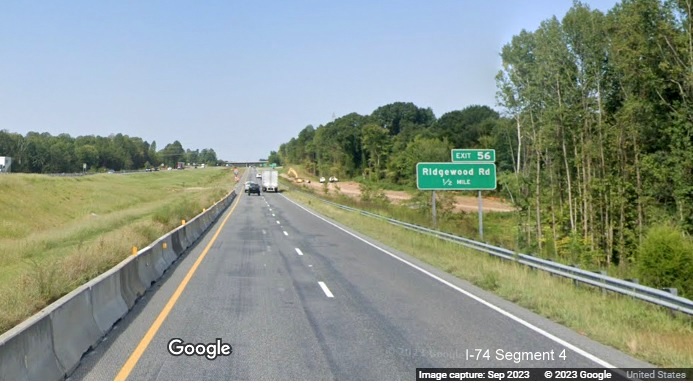 Image of Winston Salem Northern Beltway construction along current I-74 West, Google Maps 
        Street View, September 2023
