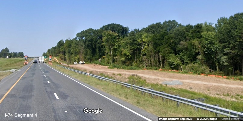 Image of construction at future on-ramp to I-74 West from the Winston-Salem 
        Northern Beltway, Google Maps Street View, September 2023