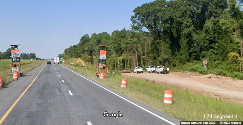 Image of end of future on-ramp to current I-74 West from the Winston-Salem 
        Northern Beltway, Google Maps Street View, September 2023