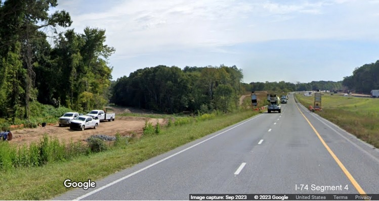 Image looking back along I-74 West towards future ramp from the Winston-Salem 
        Northern Beltway, Google Maps Street View, September 2023