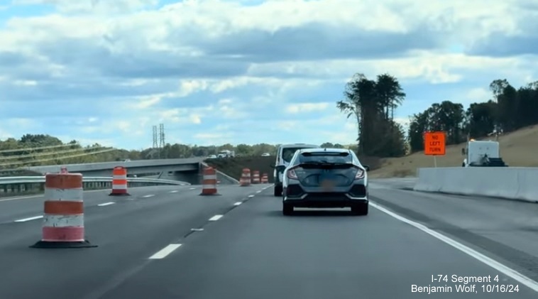 Image approaching the US 52 North bridge on the NC 74 (Future I-74) 
        Winston-Salem Beltway lanes, screen grab from Benjamin Wolf video, October 2024