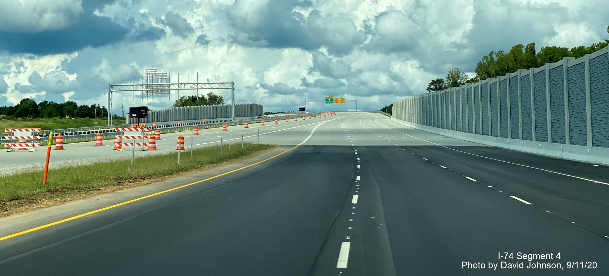 Image of newly opened NC 74 West Winston Salem Northern Beltway lanes at end of ramps from US 421/Salem Parkway, by David Johnson September 2020
