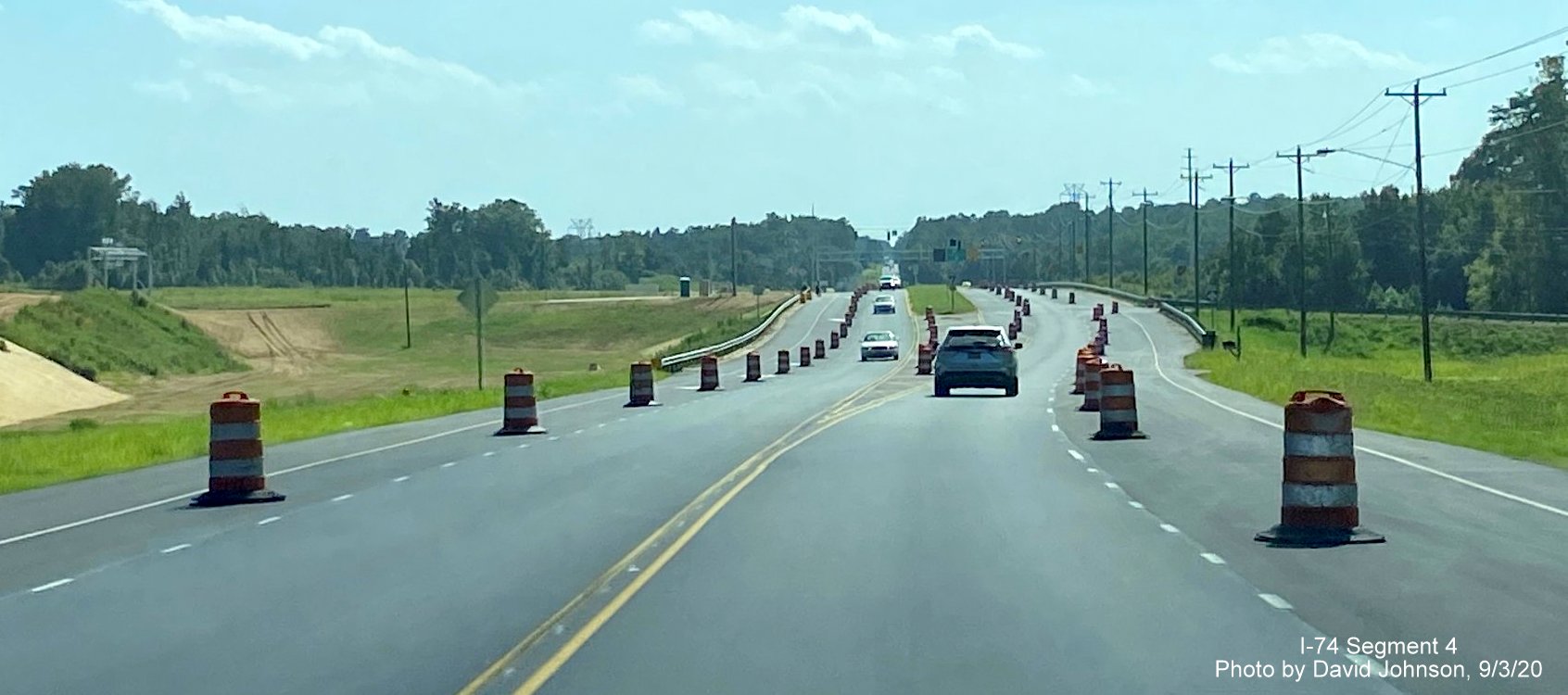 Image of US 158 West traffic restricted to one lane approaching soon to open interchange with NC 74 Winston-Salem Northern Beltway, by David Johnson September 2020