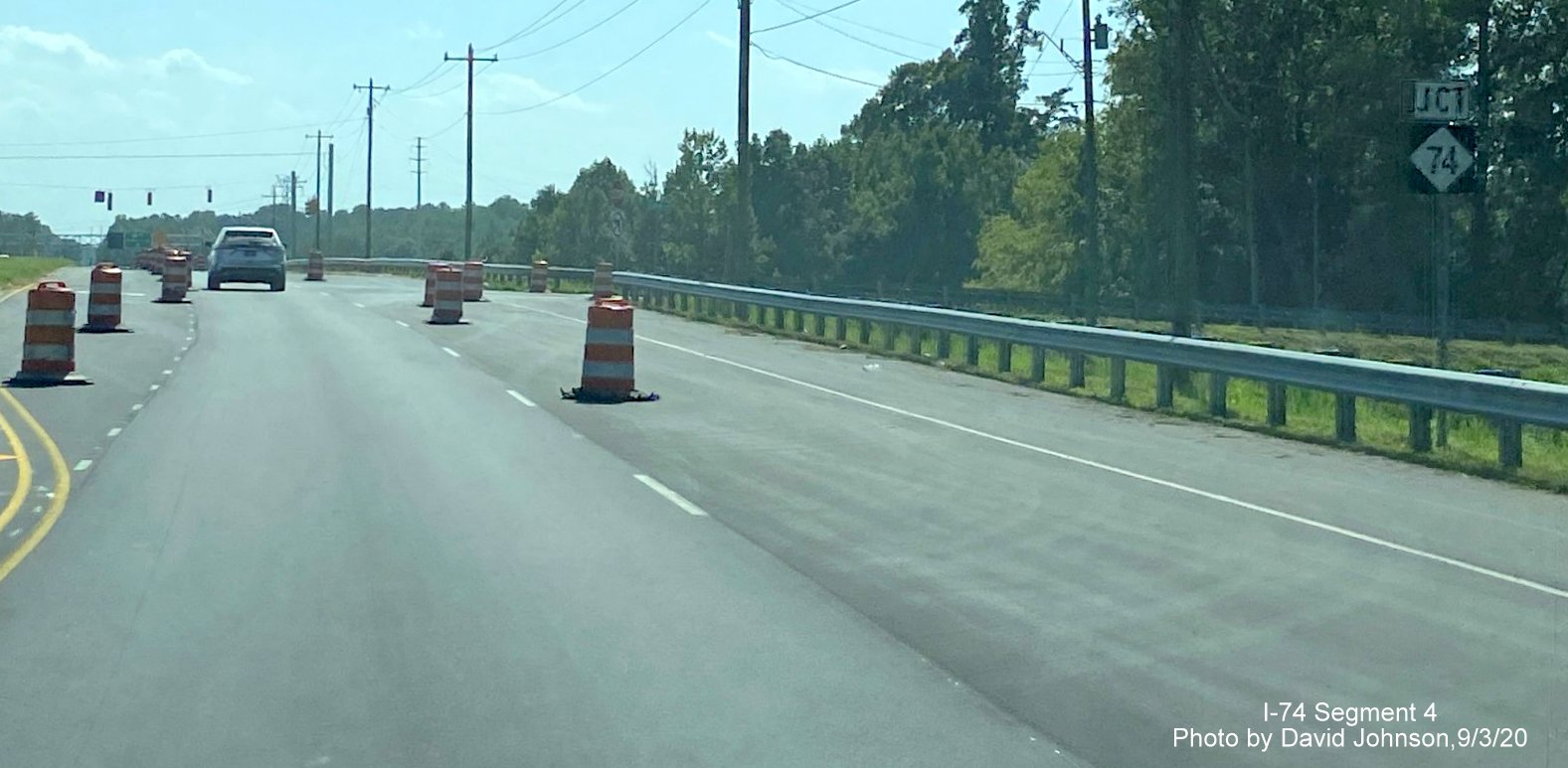 Image of recently placed Junction NC 74 trailblazer on US 158 West approaching soon to open interchange with Winston Salem Northern Beltway, by David Johnson September 2020