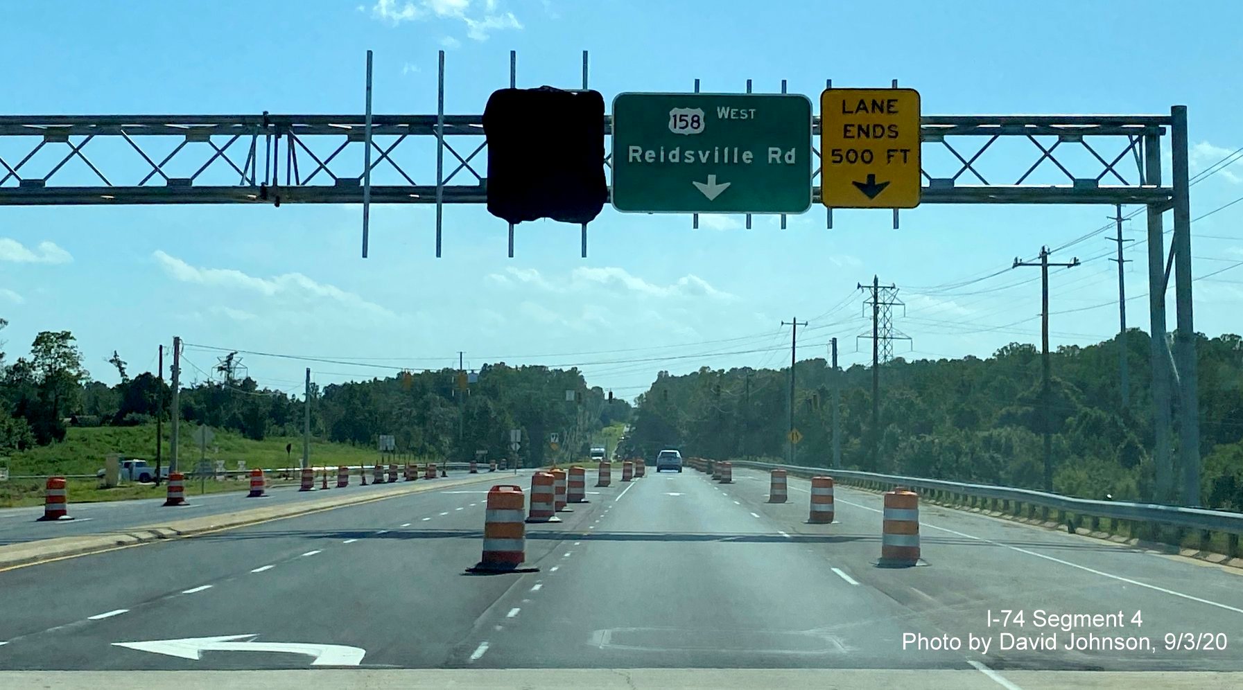 Image of overhead signage on US 158 West at soon to open ramp to NC 74 East Winston Salem Northern Beltway, by David Johnson September 2020