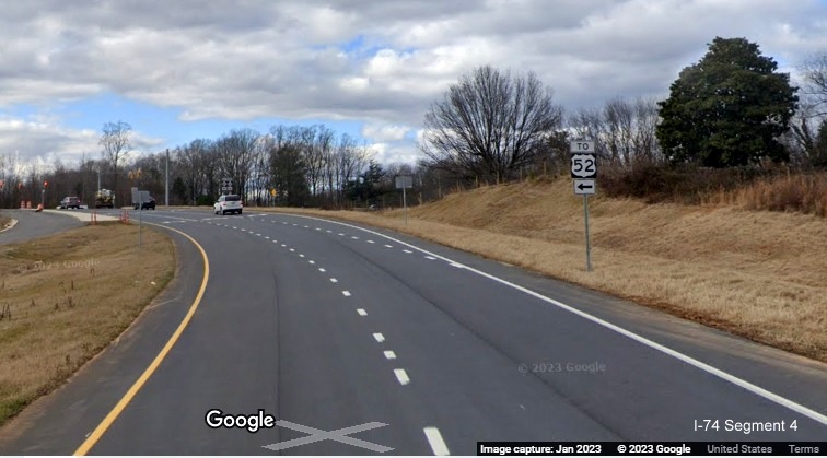 Image of To US 52 trailblazer on ramp to NC 66 exit at current end of NC 74 West/Winston-Salem 
        Northern Beltway, Google Maps Street View, January 2023
