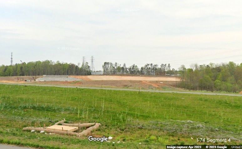 Image of construction progress of future I-74 West ramp to US 52 North from Northern Beltway, 
        Google Maps Street View image, April 2023