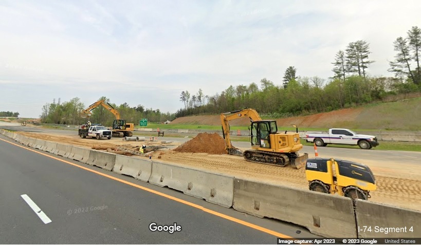 Image of future US 52 North lanes being prepared to tie in to existing lanes at southern end of
        Beltway interchange construction project, Google Maps Street View image, April 2023