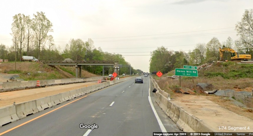 Image of US 52 South lanes passing by nearly demolished Ziglar Road bridge at start of Northern 
        Beltway interchange work zone, Google Maps Street View image, April 2023
