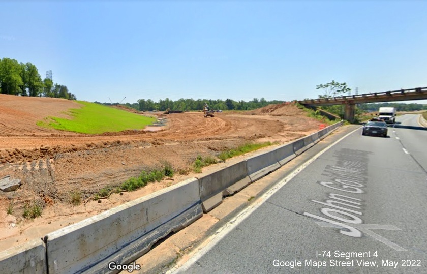 Image of graded ramp for future I-74 West/Winston-Salem Northern Beltway merging with US 52 in Rural
        Hall, Google Maps Street View, May 2022