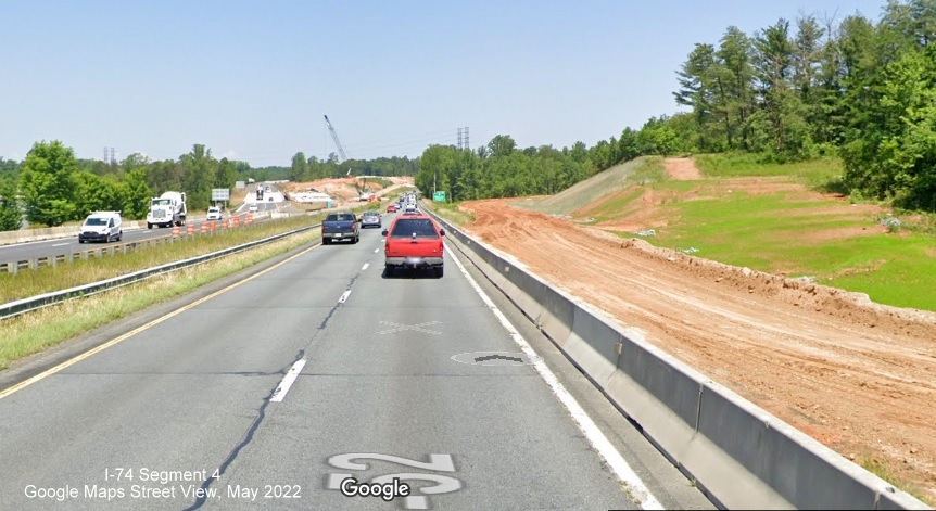 Image of widening construction along US 52 (Future I-285) North approaching future Winston Salem 
        Northern Beltway interchange, Google Maps Street View, May 2022