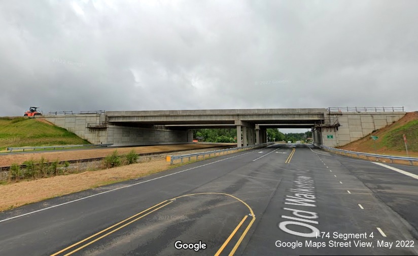 Image of Old Walkertown Road bridge for future I-74/Winston-Salem Northern Beltway from Dippen
        Road intersection, Google Maps Street View, May 2022