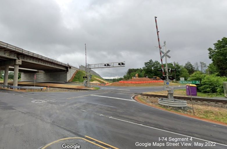 Image of Old Walkertown Road bridge for future I-74/Winston-Salem Northern Beltway, railroad
        crossing now fully installed along east side, Google Maps Street View, May 2022